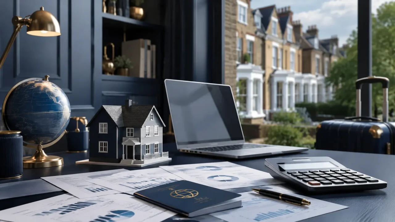 Mortgage documents, UK property model, passport and financial paperwork showing why an expat mortgage application is declined