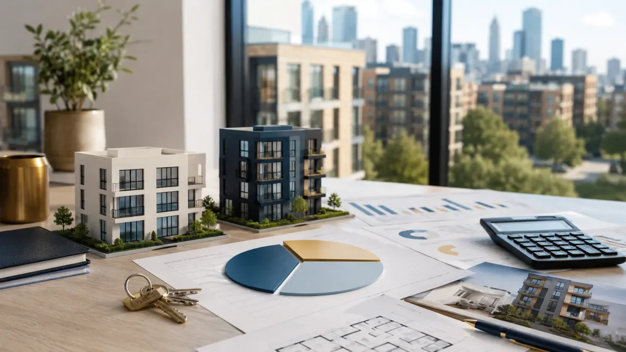Shared ownership mortgage UK 2026 concept with apartment models, keys, calculator and property finance documents